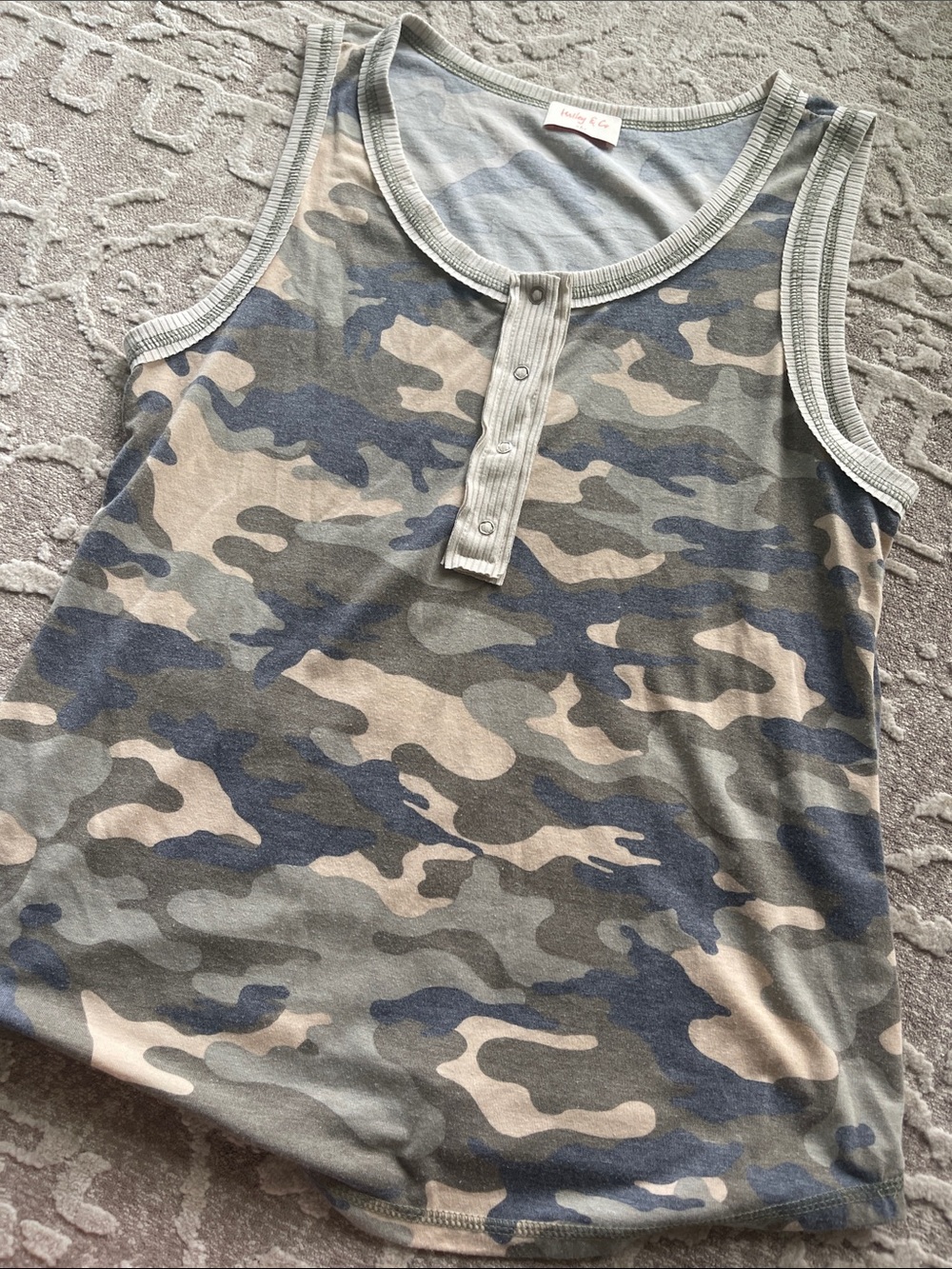 Hailey & Co. Camo Henley Tank in Soft Gray & Green with Tan & Olive Trim